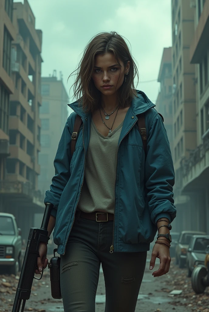 Woman wearing a blue jacket and holding a gun in a zombie apocalypse
