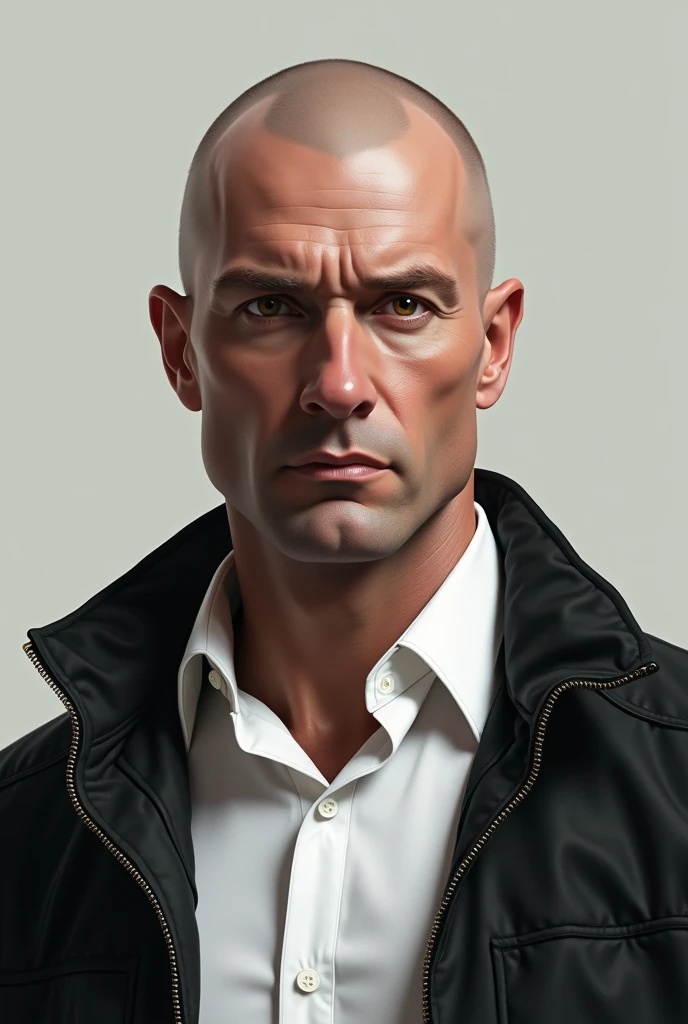 40-year-old shaven-headed man with a white shirt and black Nordic jacket