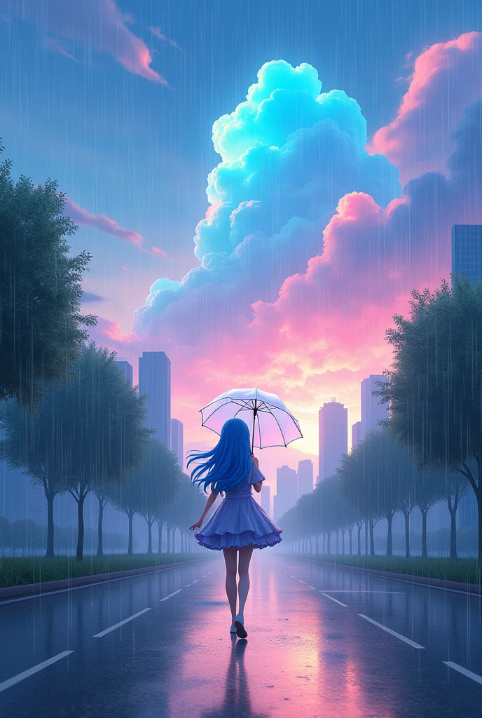 Ai animated Beautiful female character who is walking at the side of road with his transpirant umbrella see the beautiful clouds in multi colour in front of camera
photos and take one photo in front of camera wearing
rainy season clothes and blue colour hair shining with long hair . With the heavy rain fall at the top of city building