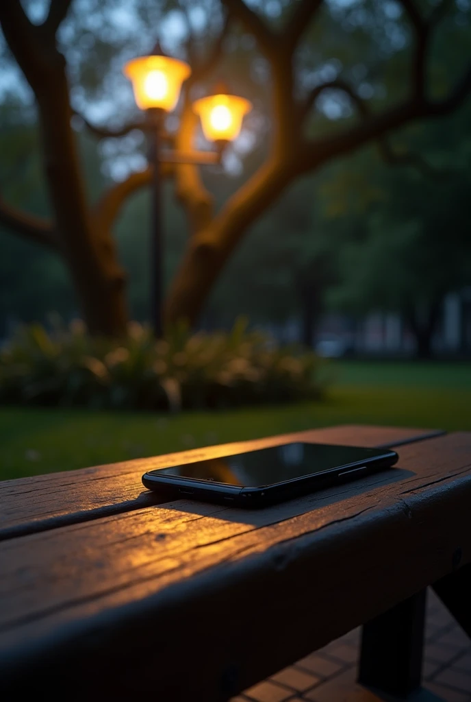 A cell phone on a bench under a street lamp