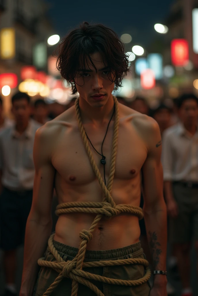1boy、Handsome Men、Japanese male, 、Completely naked、Full nudity、erection、Huge penis、Highest quality、Realistic、beautiful、Sad look、 ((((Completely tied up with rope)))), ((((A very tight rope is crisscrossed over the chest)))),(((Body bound with tight rope)))、whole body、Surrounded by old people、night、Dim lighting、Summer festival
