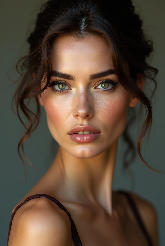 Create a realistic image of a woman with well-groomed eyebrows in a striking brown shade,The woman must have a striking and seductive look and be attractive