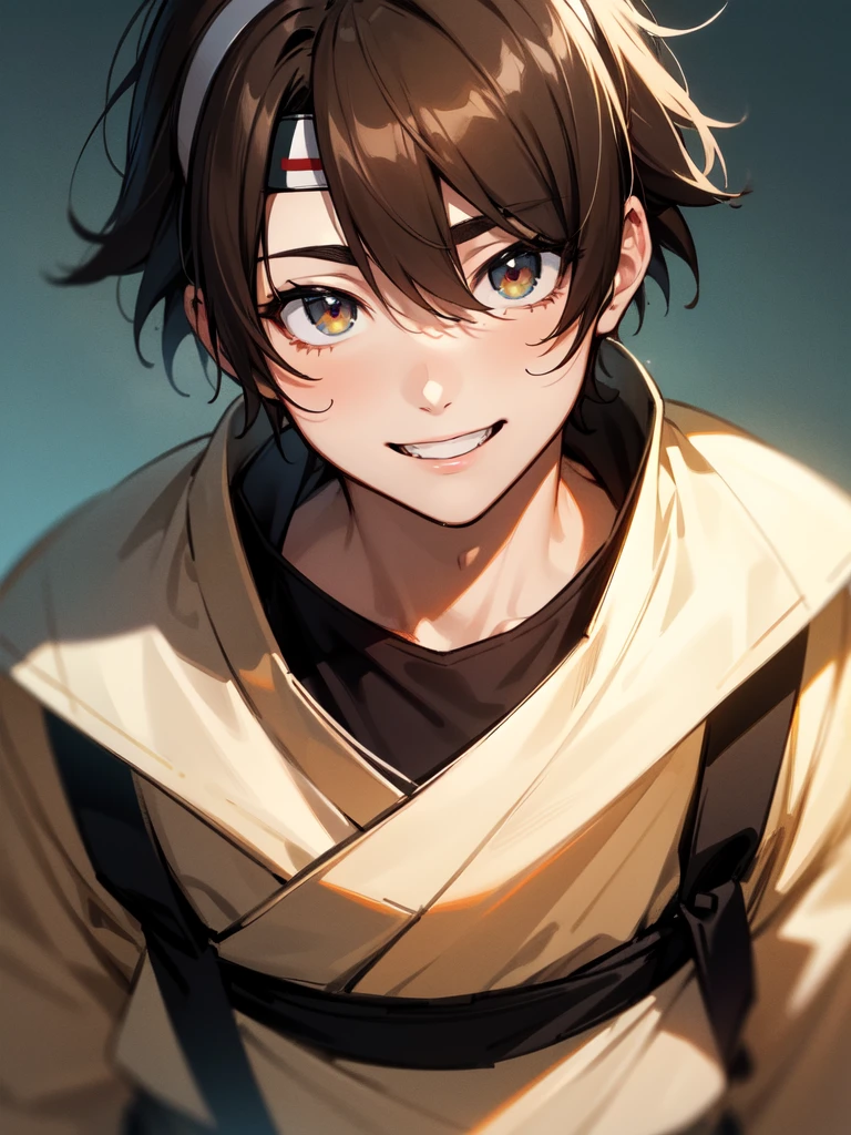 {{upper body}}, {{konoha headband}}, ((short hair)), ((brown hair)), ((age boy)), ((hair over eyes)), ((cheerful expression)), ((fair skin)), ((shinobi clothing)), 1boy, beautifully drawn, high resolution illustration, best quality, High definition, ((detailed anime sketch)), Masterpiece, (solo), absurdres, detailed background, fine detail, male focus, HDR,
