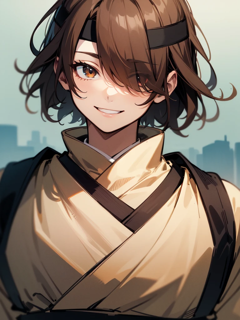 {{upper body}}, {{konoha headband}}, ((short hair)), ((brown hair)), (( boy)), ((hair over eyes)), ((cheerful expression)), ((fair skin)), ((shinobi clothing)), 1boy, beautifully drawn, high resolution illustration, best quality, High definition, ((detailed anime sketch)), Masterpiece, (solo), absurdres, detailed background, fine detail, male focus, HDR,