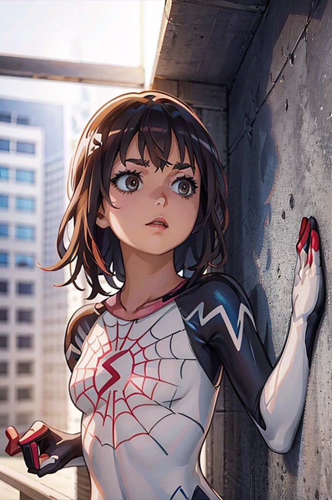 uraraka ochako, mha series, uraraka ochako, ((spider gwen)), spider gwen, wearing spider gwen suit, mask, hero mask, white face mask, white domino mask with white big eyes, beautiful detailed eyes, beautiful detailed lips, extremely detailed eyes and face, long eyelashes, gorgeous brown hair, dynamic action pose, intense focus, cinematic lighting, high contrast, vibrant colors, digital art, highly detailed, photorealistic, masterpiece, 8k, ultra-detailed
