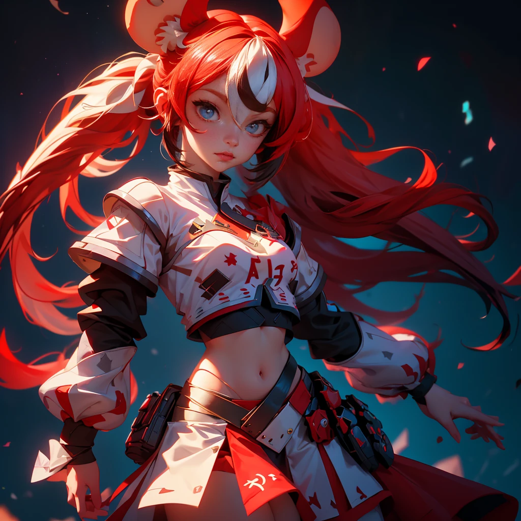 envision a 8k, highres, cinematic, close up beautiful portrait of an evil small Chaos girl named Hakos Baelz with long red and white hair in pigtails, mouse ears, blue eyes, in a cropped white shirt with armor, and red skirt against a dark gray background