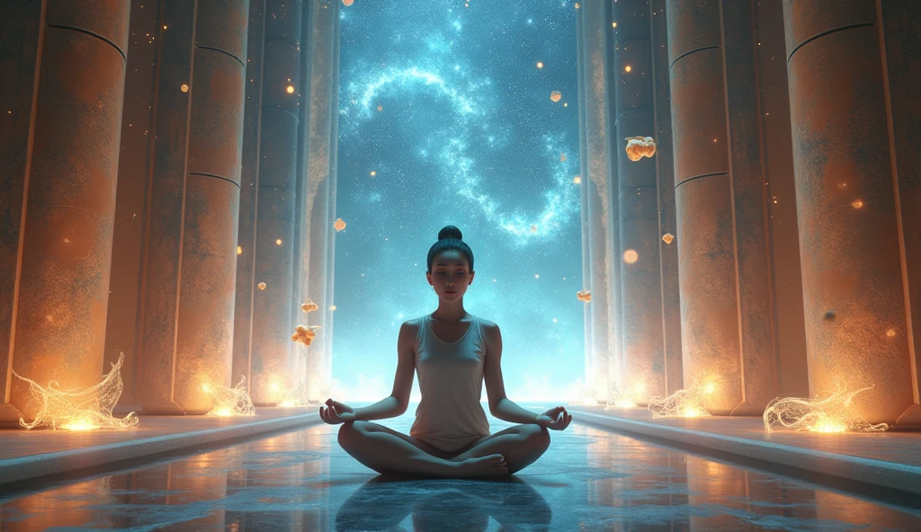 me realistic image of an Asian meditating in an astral temple