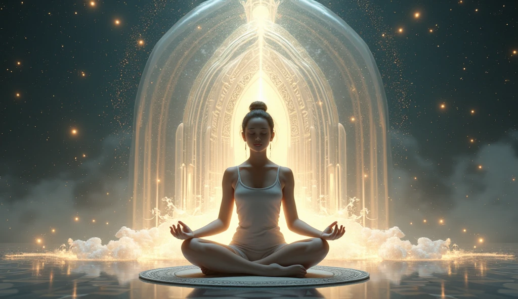 me realistic image of an Asian meditating in an astral temple