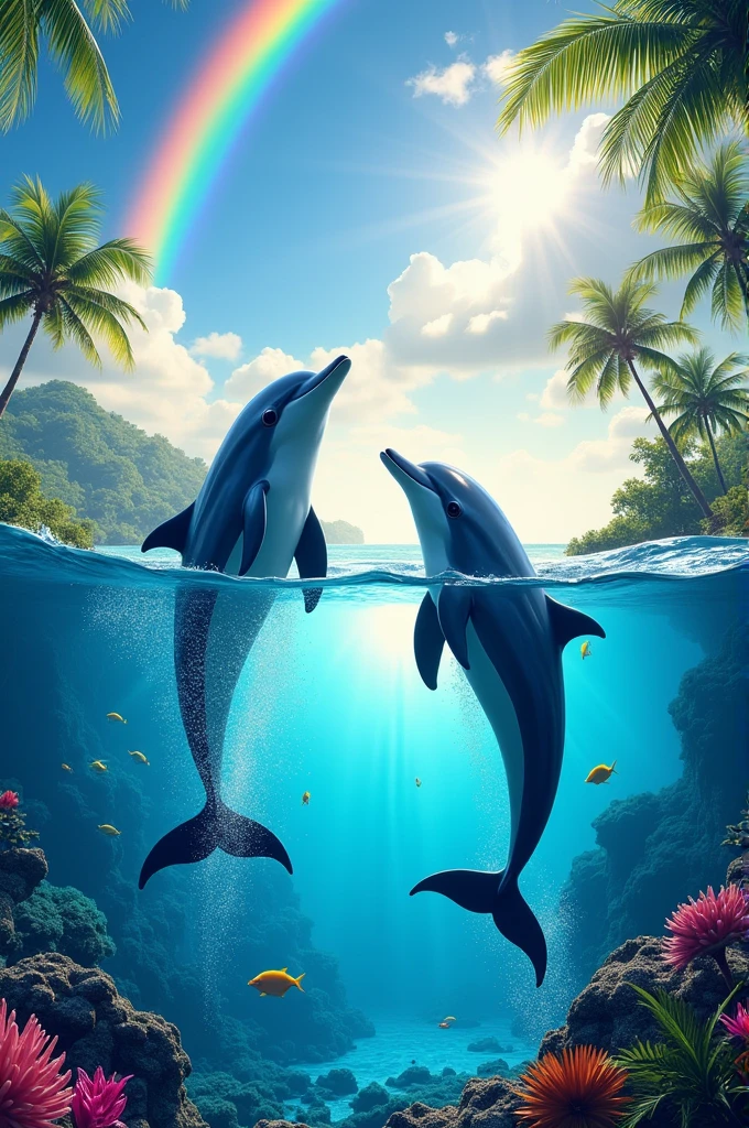 create an image of two dolphins jumping in front view the sky is blue and has a rainbow, make the background very tropical