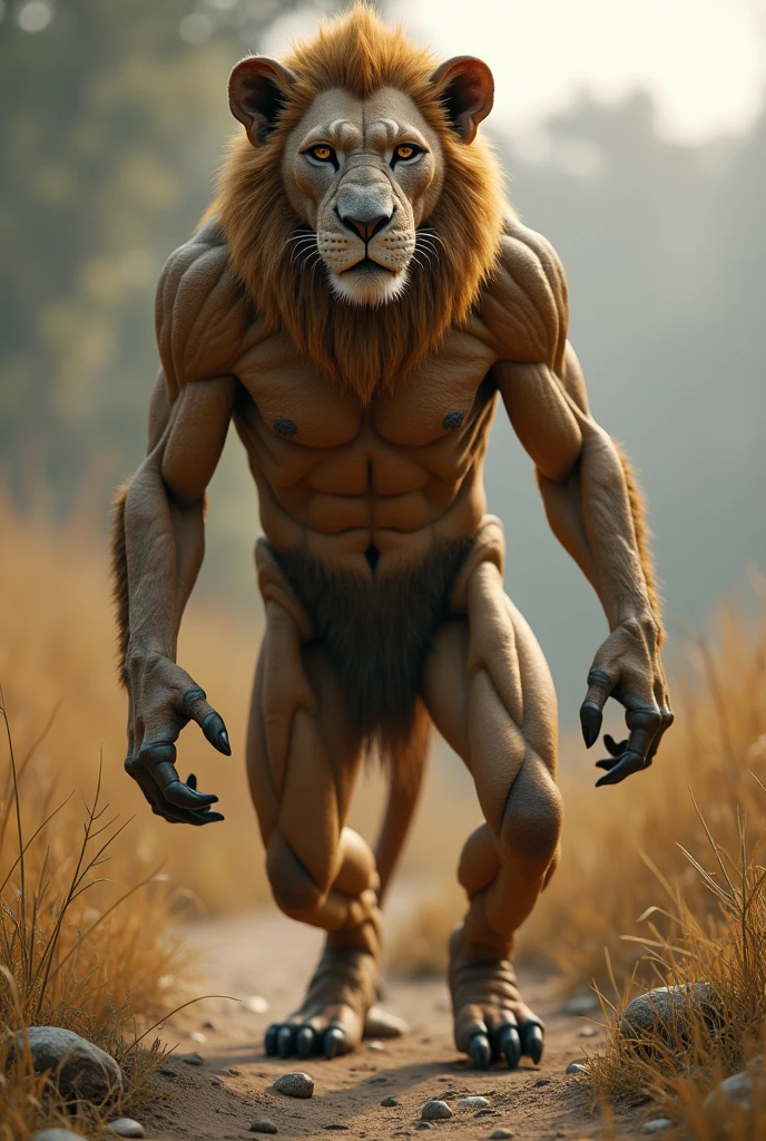 Make an image of “what a hominid would look like if it had evolved from an ancestor other than a primate” DO IT WITH A LION with a bit of reality