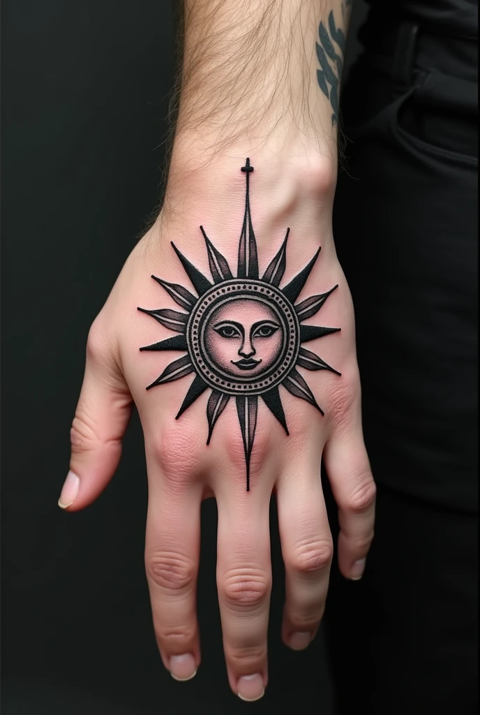 Sun tattoo similar to god Apollo on male hand in dotted blalc work tattoo style 

