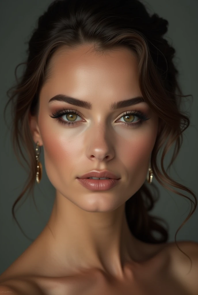 Create a realistic image of a woman with well-groomed eyebrows in a striking brown shade,The woman must have a striking and seductive look and be attractive