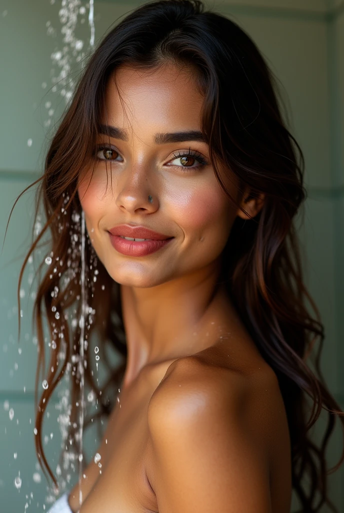 A heavenly and incredibly beautiful Asian Indian. Sua pele beijada Pelo sol, Captivating honey eyes, and flowing brown hair immediately catches the eye. The portrait appears to be a high resolution photograph., capturing every detail to perfection. Her red lips are full and attractive, It exudes a seductive charm. The overall image quality is exceptional, natural with impressive details. an identical woman, Face, Pelo. A beautiful smile. She's taking a shower, under a shower.