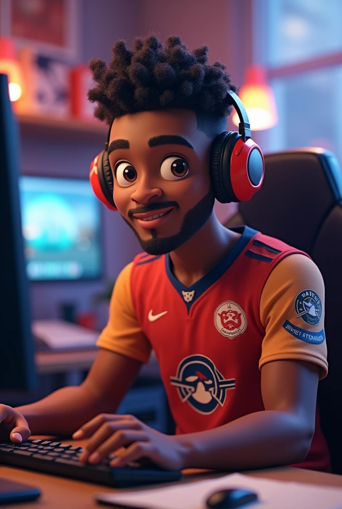 Create black character, masculine, 3D cartoon man with headphones and team jersey looking at camera and sitting at computer desk