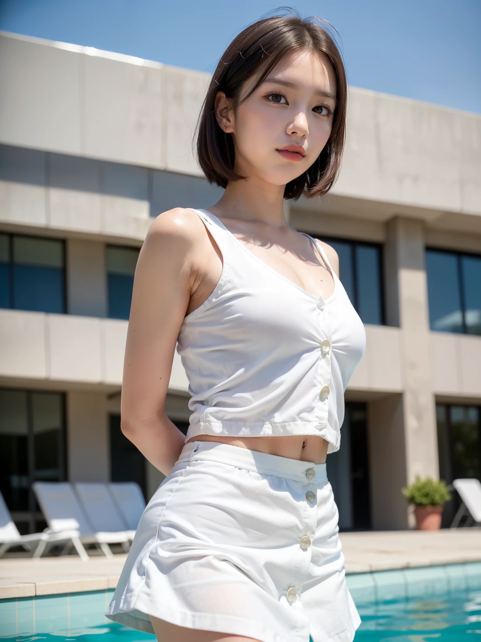 ((Best of the highest quality, 8k, Masterpiece, raw photo: 1.2)), (Sharp focus: 1.2), (1 AESPA, slim body type female, 21 y/o: 1.1), (solo: 1.28), (realistic, photo-realistic:1.37), cute face, finely eyes, (droopy eyes: 1.32), (Emphasize prominent aegyo-sal with bright: 1.2), shimmering eyeshadow applied under the lower lash line, paired with thick, (small breasts, flat chest, Thigh: 1.3), (short messy hair, bamgs: 1.2), (white button down shirt, businesses skirt: 1.2), walking in a pool, (from below: 1.1), (arms behind back: 1.38),