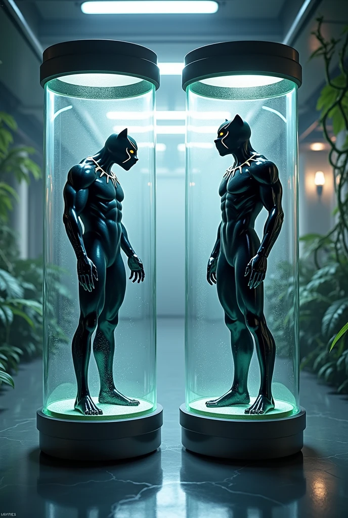 Venom and the animal black panther、genetic research institute。There is a large glass cylinder used for scientific experiments。They are each contained in a cylinder。Black Panther prompt「Beautiful black leopard walking through the deep jungle。Her supple body melts into the darkness、Shiny black fur illuminated by moonlight。Sharp yellow eyes staring into the distance、As if searching for prey。Dense trees behind々Spread、green々The thick leaves and vines are intertwined.、It exudes a mysterious atmosphere。The black panther is powerful yet graceful.、I feel tension and calm at the same time.。」Like this
