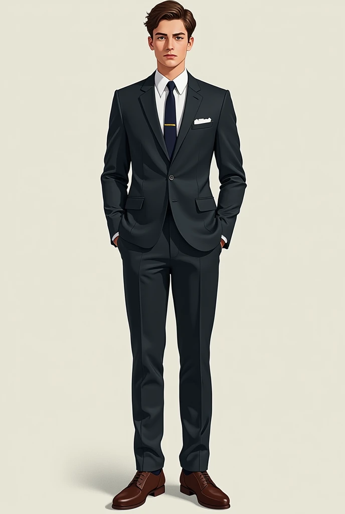 **Alexander**: Alexander, an 1 senior at the Swiss Elite Private High School, stands tall at 185 cm. His lean, muscular physique, a result of his athletic training, combined with his handsome features and short brown hair, make him a striking figure. **Alexander's School Uniform Style**: In his Swiss Elite Private High School uniform, Alexander conveys an air of understated elegance. His uniform is always meticulously tailored, fitting his athletic build perfectly. Despite being a uniform, he manages to make it uniquely his own, subtly exhibiting his affluent background through high-quality leather shoes and a perfectly knotted tie. His approach to the uniform reflects his overall demeanor - a balance between his wealth and his humility, contributing to his respected status among his peers.