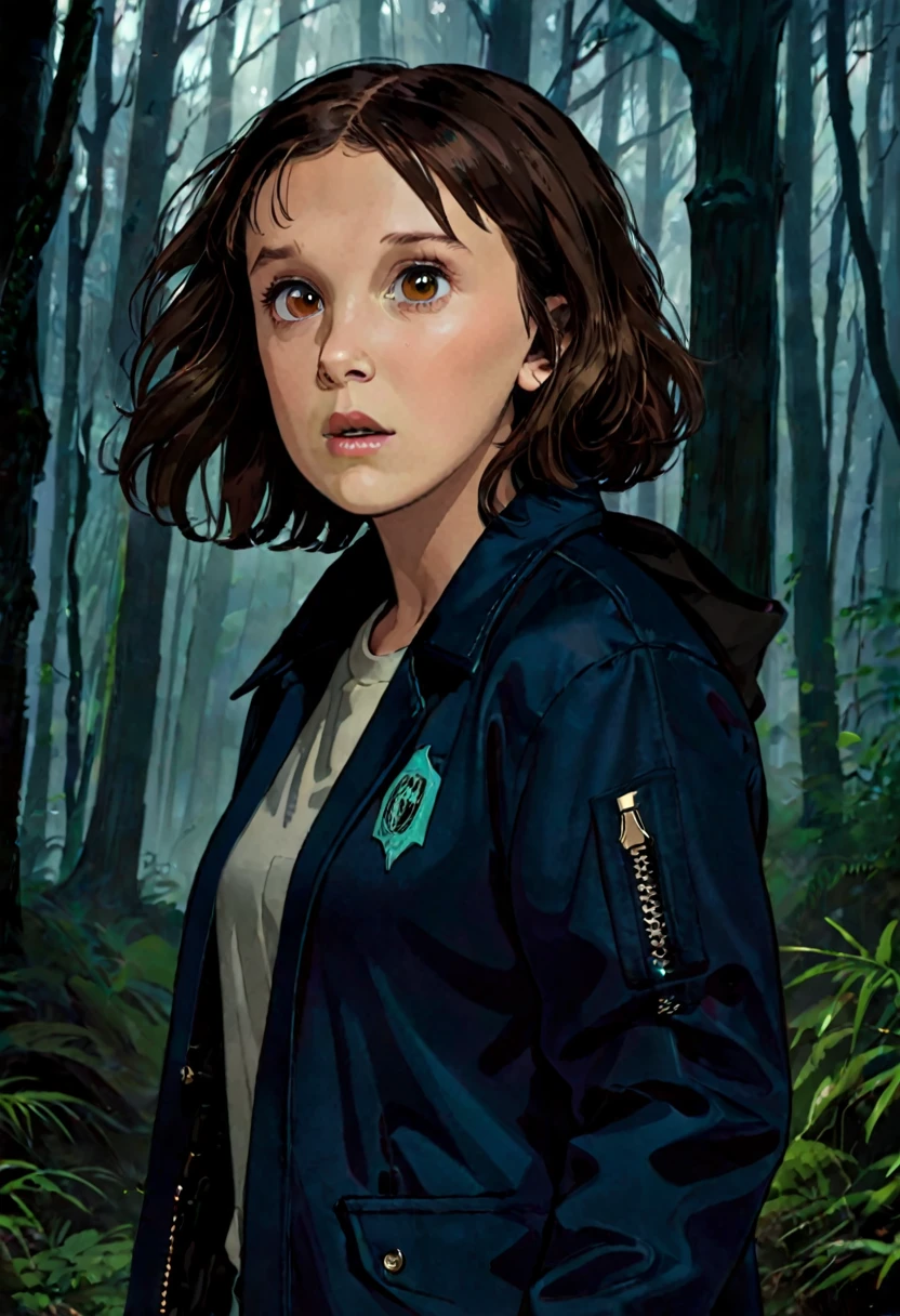 
milli3 woman, millie bobby brown, scared expression, dark forest setting, jacket, looking around
