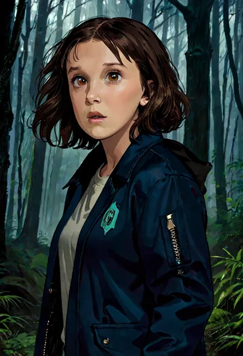 milli3 woman, millie bobby brown, scared expression, dark forest setting, jacket, looking around