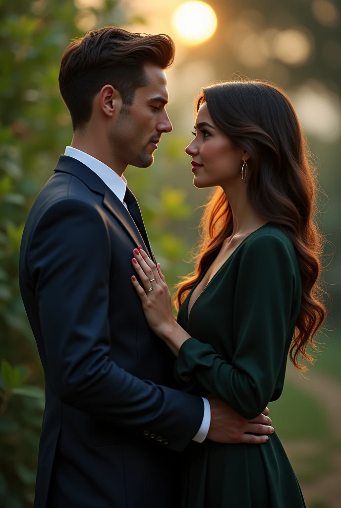 ### Visual Depiction Prompt for Katie and Will Harper

(ultra-detailed, photorealistic, best quality, 4k, 8k, highres, masterpiece:1.3), a charismatic man and a captivating woman in their early 30s standing close together, showcasing their strong bond. Will has short, neatly styled dark brown hair and piercing blue eyes that convey intelligence and determination. He has an athletic, well-built physique and is dressed in a tailored suit that highlights his strong frame, with a crisp white shirt and a sleek, dark tie. Katie has long, wavy brunette hair cascading over her shoulders, framing her delicate features. Her striking green eyes reflect intelligence and warmth. She possesses a slim, graceful figure and is dressed in a chic, stylish outfit—a fitted blouse and a flowing skirt that accentuates her elegance. They stand in a lush garden setting softly lit by moonlight, their close proximity and the way they look at each other hinting at their deep connection. The scene captures their sophisticated yet approachable demeanors, emphasizing their roles as successful individuals with a strong, unique bond, (intricate detail, super finely detailed hands, ultra finely detailed fingers, full body showcase, show full body).