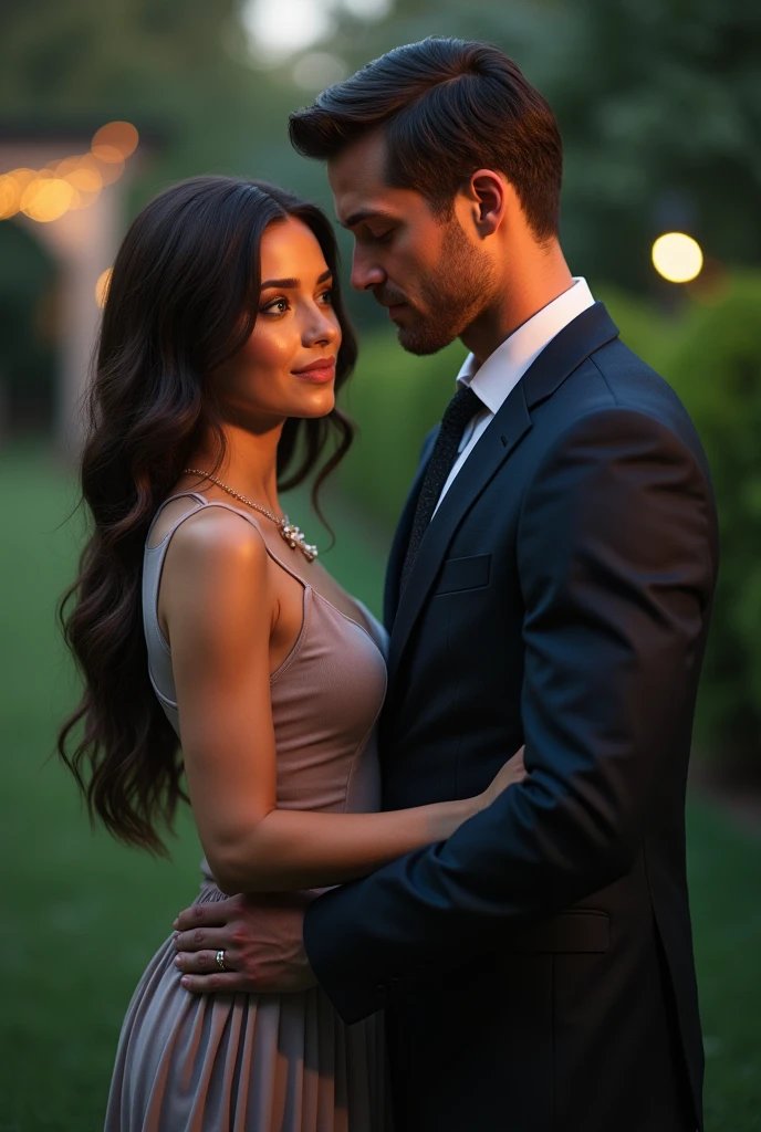### Visual Depiction Prompt for Katie and Will Harper
(ultra-detailed, photorealistic, best quality, 4k, 8k, highres, masterpiece:1.3), a charismatic man and a captivating woman in their early 30s standing close together, showcasing their strong bond. Will has short, neatly styled dark brown hair and piercing blue eyes that convey intelligence and determination. He has an athletic, well-built physique and is dressed in a tailored suit that highlights his strong frame, with a crisp white shirt and a sleek, dark tie. Katie has long, wavy brunette hair cascading over her shoulders, framing her delicate features. Her striking green eyes reflect intelligence and warmth. She possesses a slim, graceful figure and is dressed in a chic, stylish outfit—a fitted blouse and a flowing skirt that accentuates her elegance. They stand in a lush garden setting softly lit by moonlight, their close proximity and the way they look at each other hinting at their deep connection. The scene captures their sophisticated yet approachable demeanors, emphasizing their roles as successful individuals with a strong, unique bond, (intricate detail, super finely detailed hands, ultra finely detailed fingers, full body showcase, show full body).
