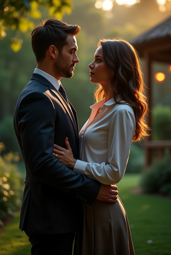 ### Visual Depiction Prompt for Katie and Will Harper
(ultra-detailed, photorealistic, best quality, 4k, 8k, highres, masterpiece:1.3), a charismatic man and a captivating woman in their early 30s standing close together, showcasing their strong bond. Will has short, neatly styled dark brown hair and piercing blue eyes that convey intelligence and determination. He has an athletic, well-built physique and is dressed in a tailored suit that highlights his strong frame, with a crisp white shirt and a sleek, dark tie. Katie has long, wavy brunette hair cascading over her shoulders, framing her delicate features. Her striking green eyes reflect intelligence and warmth. She possesses a slim, graceful figure and is dressed in a chic, stylish outfit—a fitted blouse and a flowing skirt that accentuates her elegance. They stand in a lush garden setting softly lit by moonlight, their close proximity and the way they look at each other hinting at their deep connection. The scene captures their sophisticated yet approachable demeanors, emphasizing their roles as successful individuals with a strong, unique bond, (intricate detail, super finely detailed hands, ultra finely detailed fingers, full body showcase, show full body).