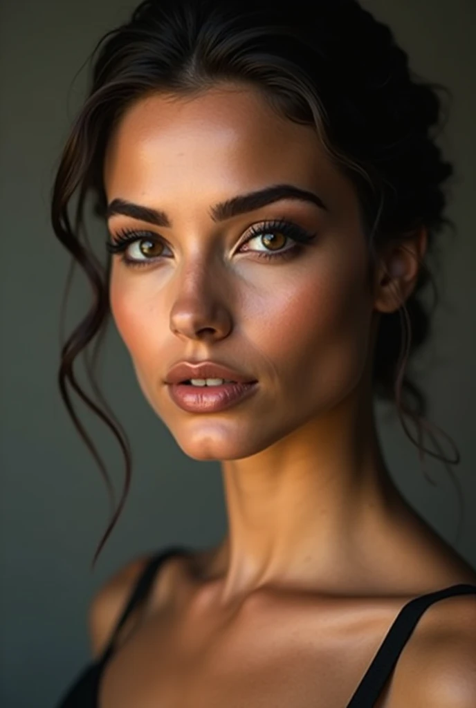 Create a realistic image of a woman with well-groomed eyebrows in a striking brown shade,The woman must have a striking and seductive look and be attractive