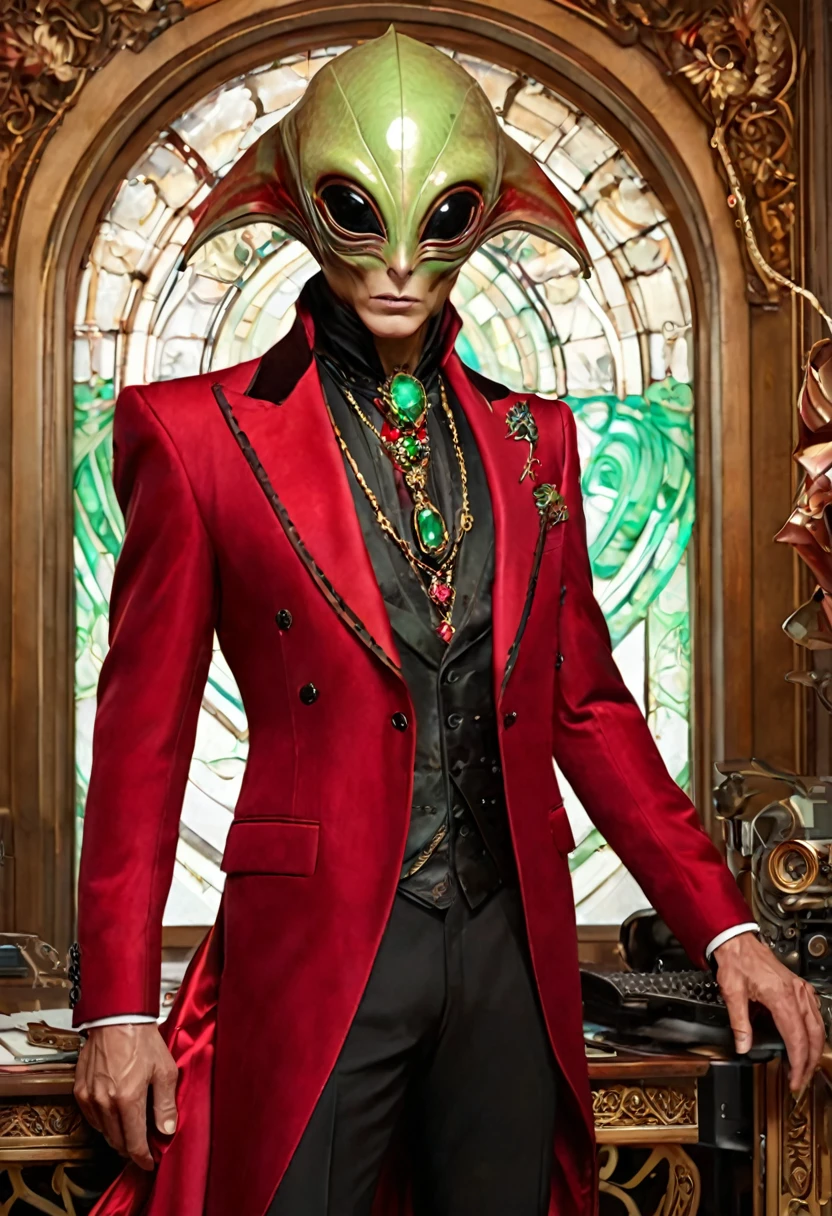 (Best quality, masterpiece: 1,1), anamorphic, surrealism, image of an aristocratic alien, a red and black suit, ruby and emerald jewelry, the finest sewing, hyperrealistic, insanely detailed, this masterpiece of digital art can be compared with the wonderful works of Artgerm, Greg Rutkowski and Alphonse Mucha.