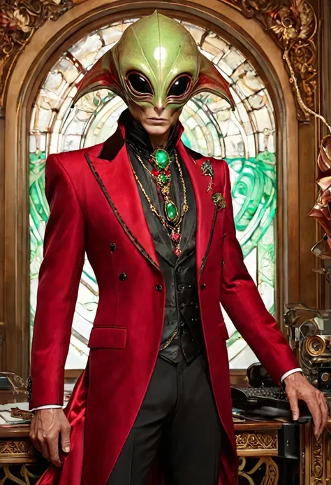 (best quality, masterpiece: 1,1), anamorphic, surrealism, image of an aristocratic alien, a red and black suit, ruby and emerald...