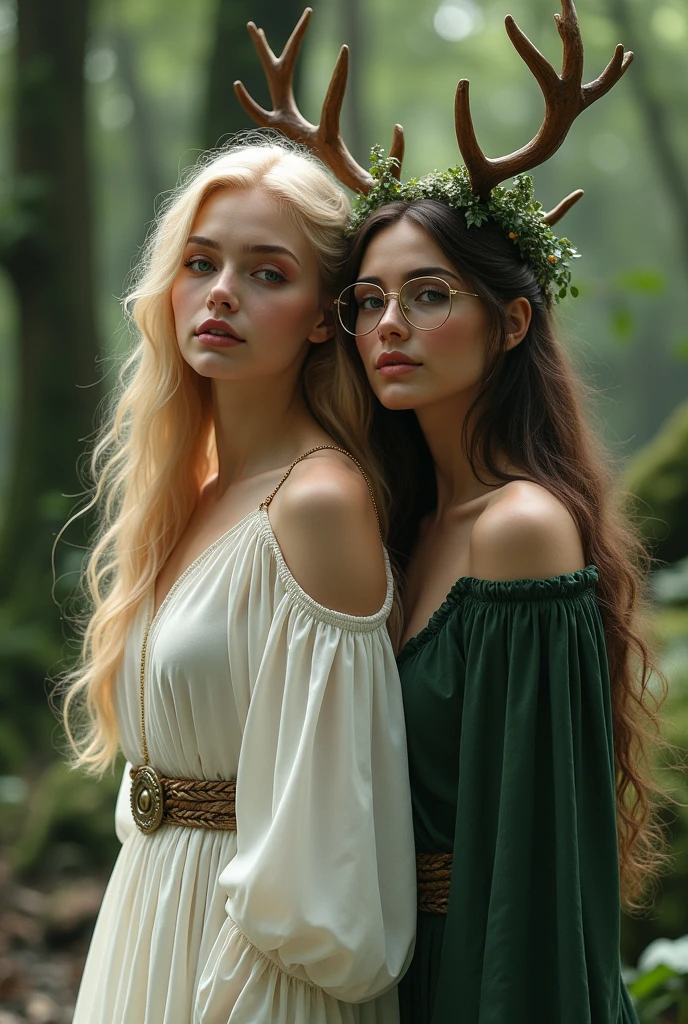 A very beautiful blonde love witch with a doll face, sexy and attractive dressed in white and her best friend another druid witch with straight brown hair, glasses, with a deer antler headdress and green clothing