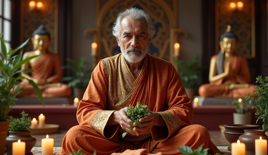 Create an ultra-realistic image of a traditional Indian faith healer, 60 years old dressed in exquisite clothes, handkerchief on the lap. She is performing a blessing ritual. The healer holds a bundle of herbs, like rue and basil, In your hands. His expression is serene and focused as he performs the ritual.. in the background candles, aromatic herbs, Buddhas and various Hindu gods
