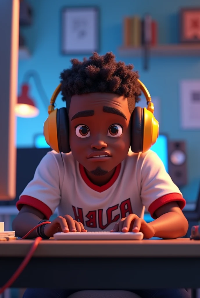 Create black character, masculine, 3D cartoon man with headphones and team jersey looking at camera and sitting at computer desk