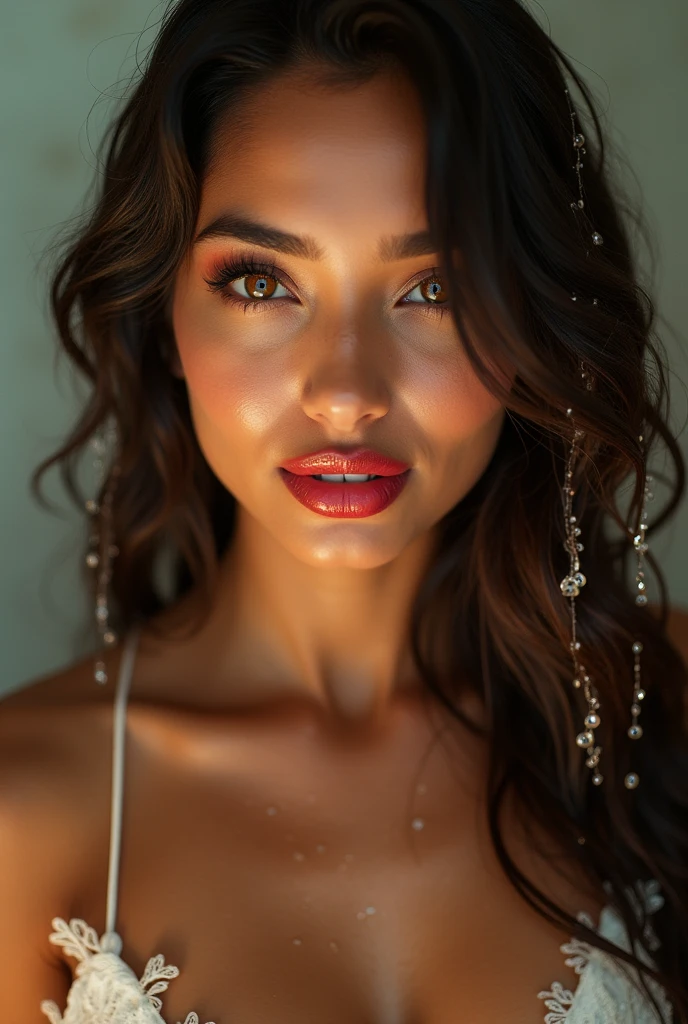 A heavenly and incredibly beautiful Asian Indian. Sua pele beijada Pelo sol, Captivating honey eyes, and flowing brown hair immediately catches the eye. The portrait appears to be a high resolution photograph., capturing every detail to perfection. Her red lips are full and attractive, It exudes a seductive charm. The overall image quality is exceptional, natural with impressive details. an identical woman, Face, Pelo. A beautiful smile.
She's taking a shower, is very sexy, a água correndo Pelo seu corpo.