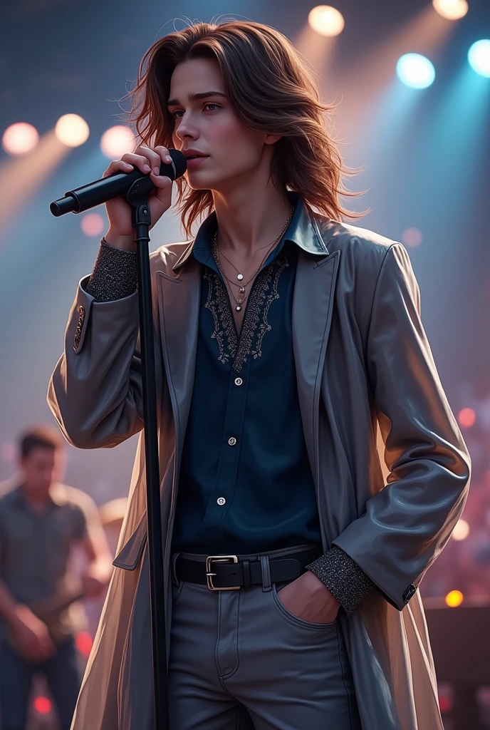 artwork best quality realistic image handsome american male ager long brown hair light skin with transparent coat dark blue long sleeve blouse underneath with details and gray pants underneath intricate details singing holding a microphone seen from far away at a concert with details uhq details 8k realism