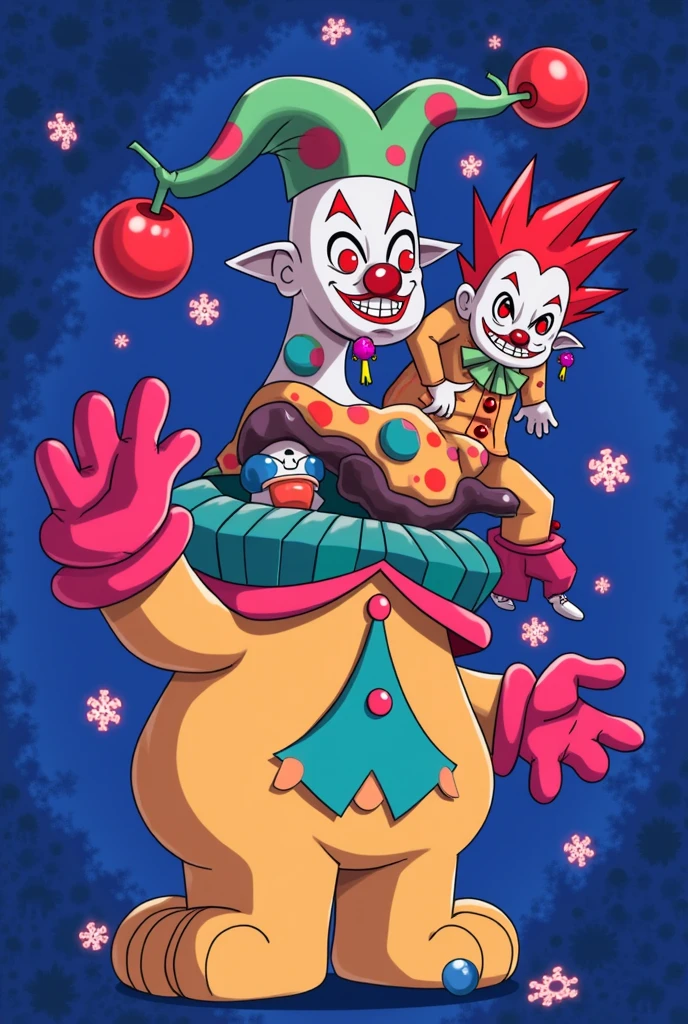 Create an art in the style of this image but of the character Hiusoka from Hunter x hunter clown joker