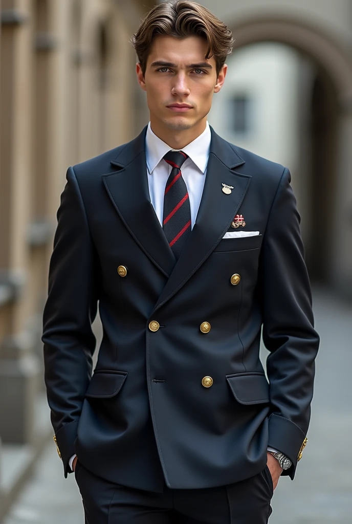 **Alexander**: Alexander, an 1 senior at the Swiss Elite Private High School, stands tall at 185 cm. His lean, muscular physique, a result of his athletic training, combined with his handsome features and short brown hair, make him a striking figure. **Alexander's School Uniform Style**: In his Swiss Elite Private High School uniform, Alexander conveys an air of understated elegance. His uniform is always meticulously tailored, fitting his athletic build perfectly. Despite being a uniform, he manages to make it uniquely his own, subtly exhibiting his affluent background through high-quality leather shoes and a perfectly knotted tie. His approach to the uniform reflects his overall demeanor - a balance between his wealth and his humility, contributing to his respected status among his peers.