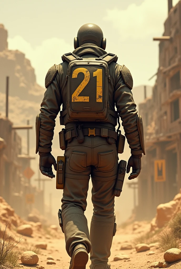 Fallout new vegas 
Personage du Courier avec numero 21 sur le dos 
Marchanr vers New vegas 
