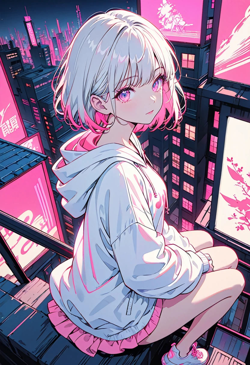 masterpiece,Highest quality,1 Synthwave style girl,Pink Outline,Neon lit street,Pink fluorescent paint,alone,From above,Cowboy Shot,Sitting on the roof of a building,Highly detailed CG,Flat Color,Limited edition palette,No Line Art,silhouette,Partially colored,Alternative color,Dynamic Angle,Pink long top champagne,Pink Shadow,Synthwave,chromatic aberration,(alone focus),Perfect Shadow,Wearing a white hoodie,Delicate face,,Beautiful and delicate eyes,White Hair,Short Bob Hair,Delicate background,dark pink neon lights,Around ,About 150 tall