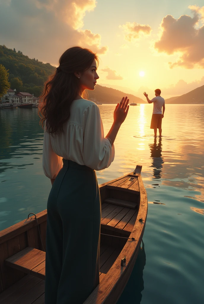 Woman says goodbye to her partner and leaves on a boat