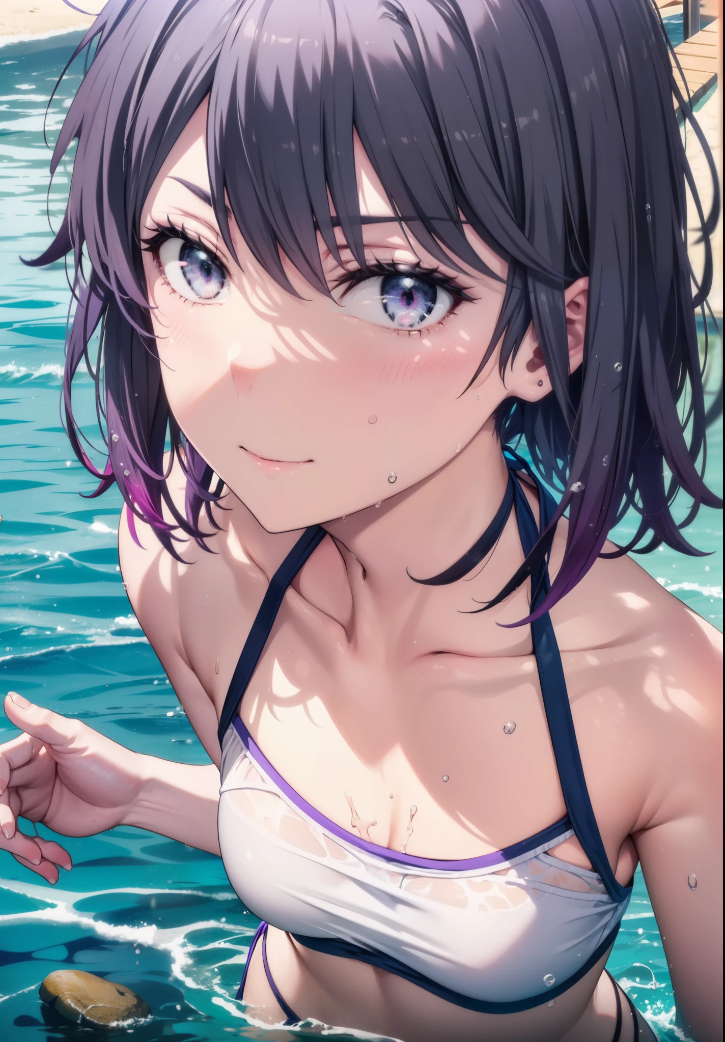 Haruno Yukinoshita, Haruno Yukinoshita, short hair, Hair between the eyes, (Iris:1.5), Black Hair, Gradient Hair, Two-tone hair, Purple Hair, smile,
Black Bikini Swimsuit,barefoot,Wet swimsuit,Wet Hair,Wet Skin,Water Play,Daytime,Clear skies,True Summer,whole bodyがイラストに入るように,
break looking at viewer,whole body, (Cowboy Shot:1. 5),
break outdoors, Ocean,Beach,
break (masterpiece:1.2), Highest quality, High resolution, unity 8k wallpaper, (figure:0.8), (Beautiful attention to detail:1.6), Highly detailed face, Perfect lighting, Highly detailed CG, (Perfect hands, Perfect Anatomy),