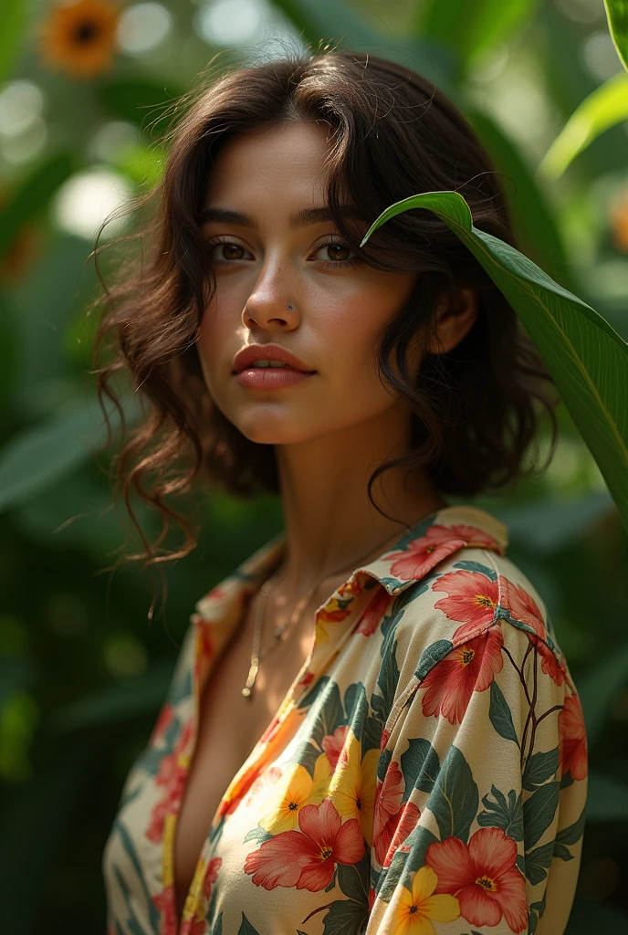 A Brazilian woman in a lush tropical garden, wearing an open shirt with a floral print, with a close-up capturing the harmonious beauty between her breasts and the natural flowers, showing off your natural charm and outgoing personality.