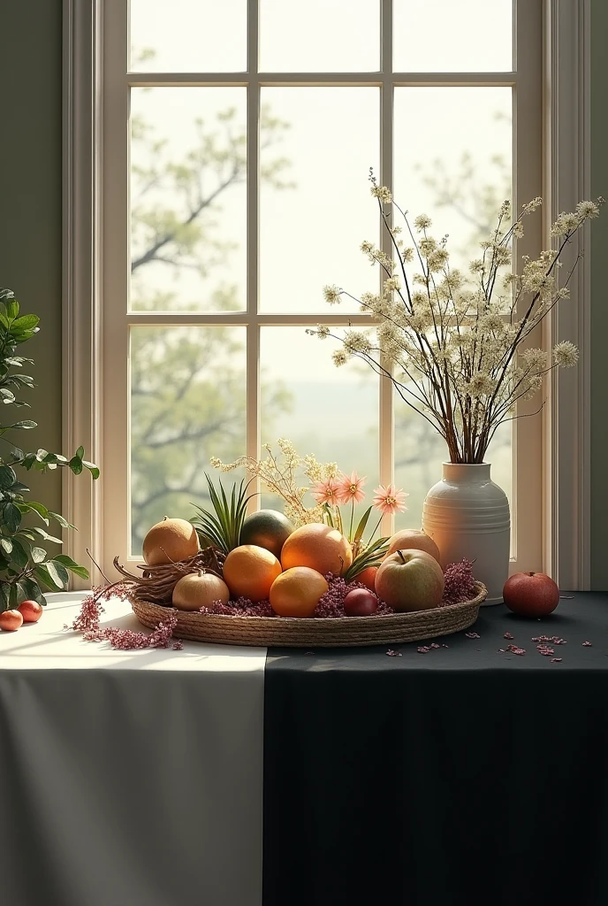 An image of a horizontal still life with a window in the background and below the still life there is a table with a black and white tablecloth.