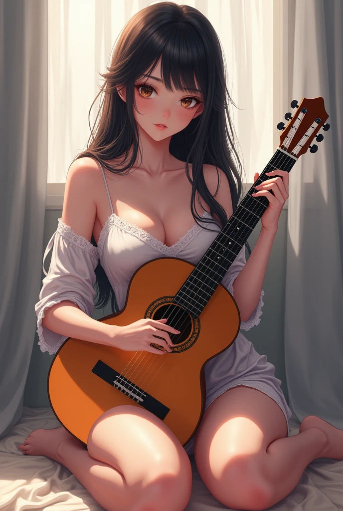 Anime girl with big breast, long hair sitting on the floor with a guitar