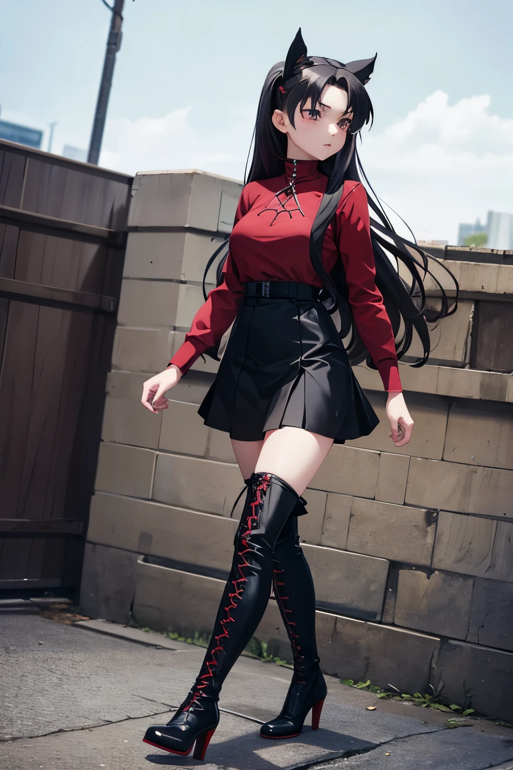 Rin Tohsaka, anime girl, girl, boots, thigh boots, black boots, lace up boots, black footwear, high heels, walking