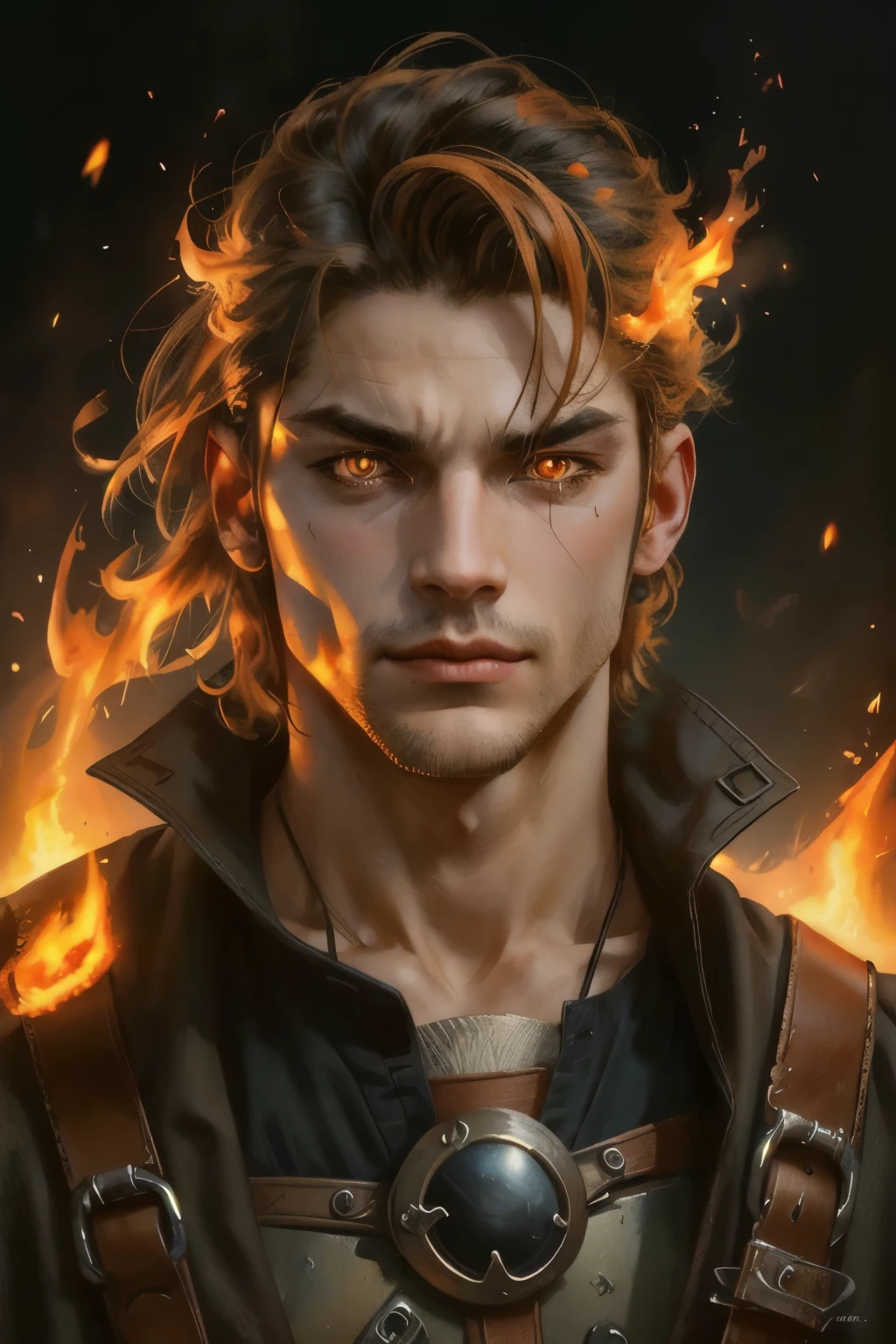 Male , Portrait, Hot, Orange fire Aura, Medieval, mechanic, evil face
