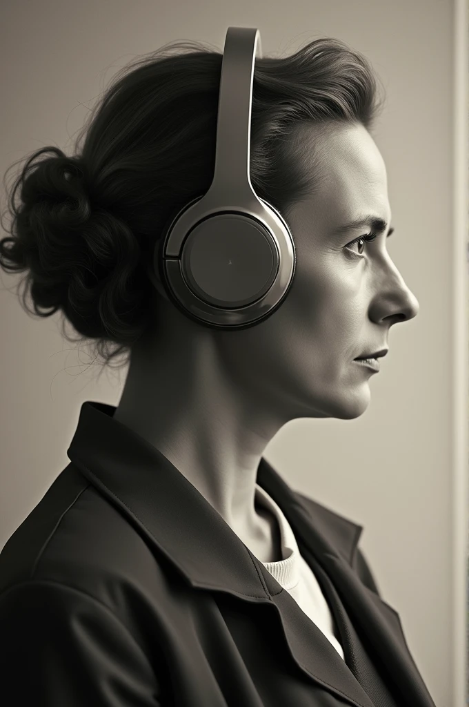 A photo of Madame Curie with large headphones in profile