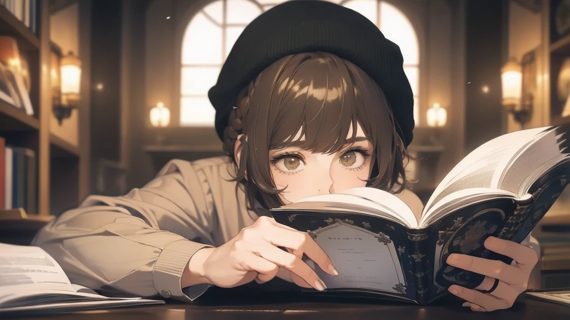 1girl, solo, short hair, brown hair, written clothes, brown eyes, looking at the viewer, beanie, lips, closed mouth, shirt, https://i.pinimg.com/736x/70/a4/1f/70a41fb6c007cc81a66ee1ea33a2c164.jpg, studying, with a book in hand, cozy vibes, headphones, studying, pretty girl, learning, sitting, reading a book, open book, book in hands, main colors: brown and beige, detailed background