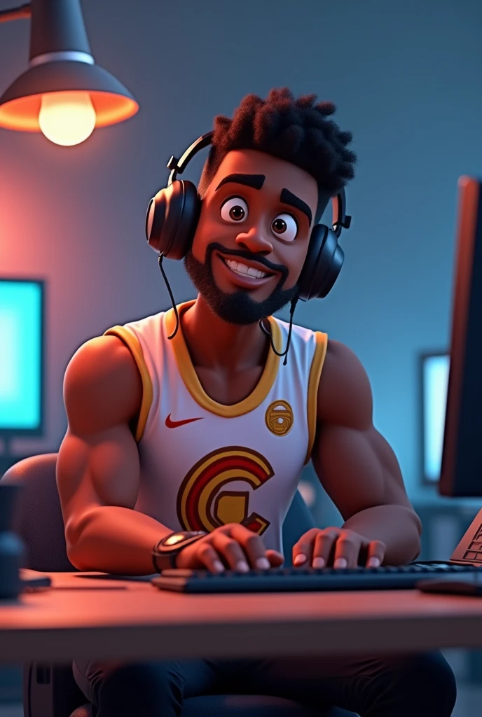 Create black character, masculine, 3D cartoon man with headphones and team jersey looking at camera and sitting at computer desk
