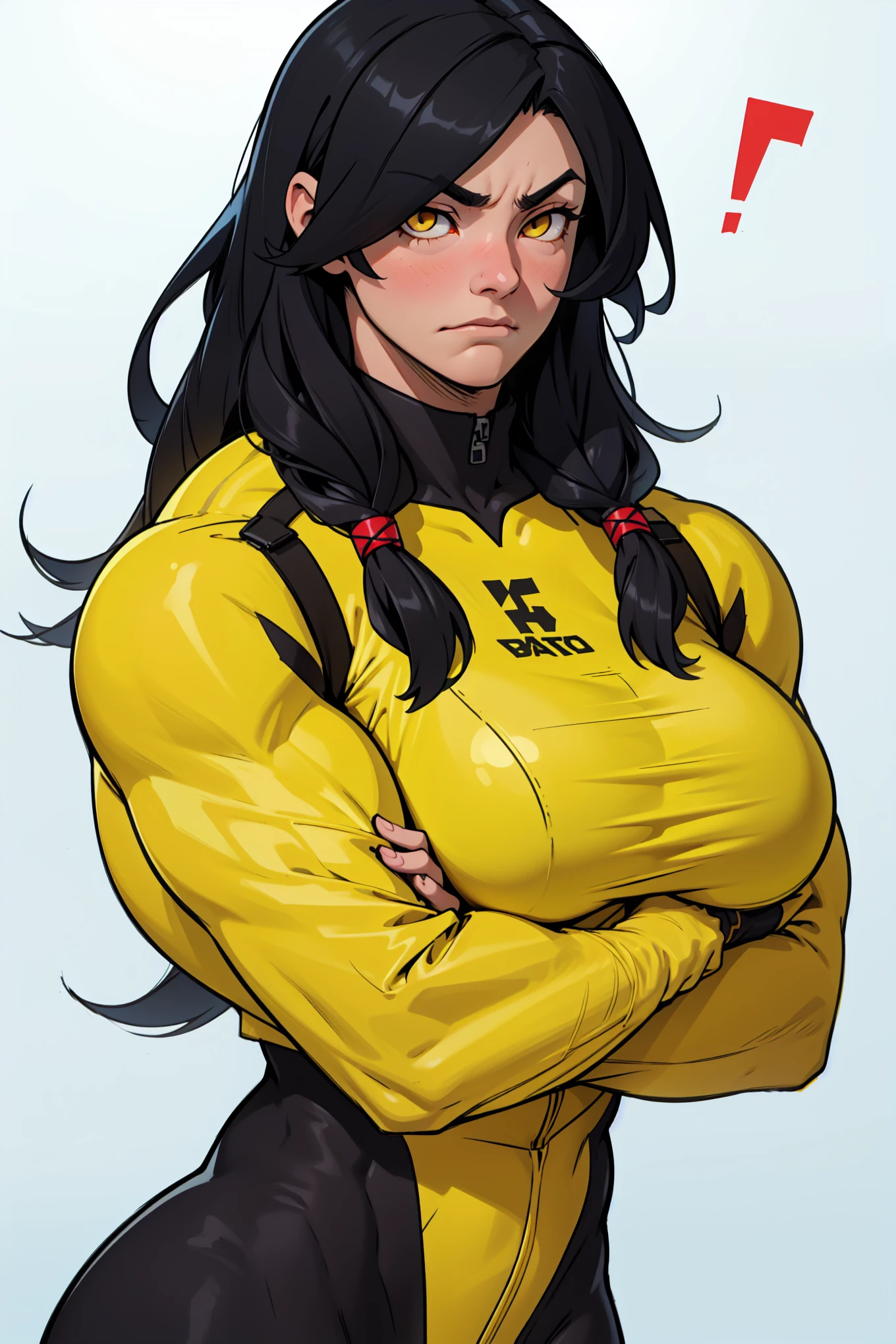 massive breasts huge breasts ((((muscular girl)))) ((((muscular girl)))) ((((muscular girl)))) toned body skinsuit long hair black hair yellow eyes pale skin serious look empty eyes sad frown embarrassed embarrassed embarrassed embarrassed 