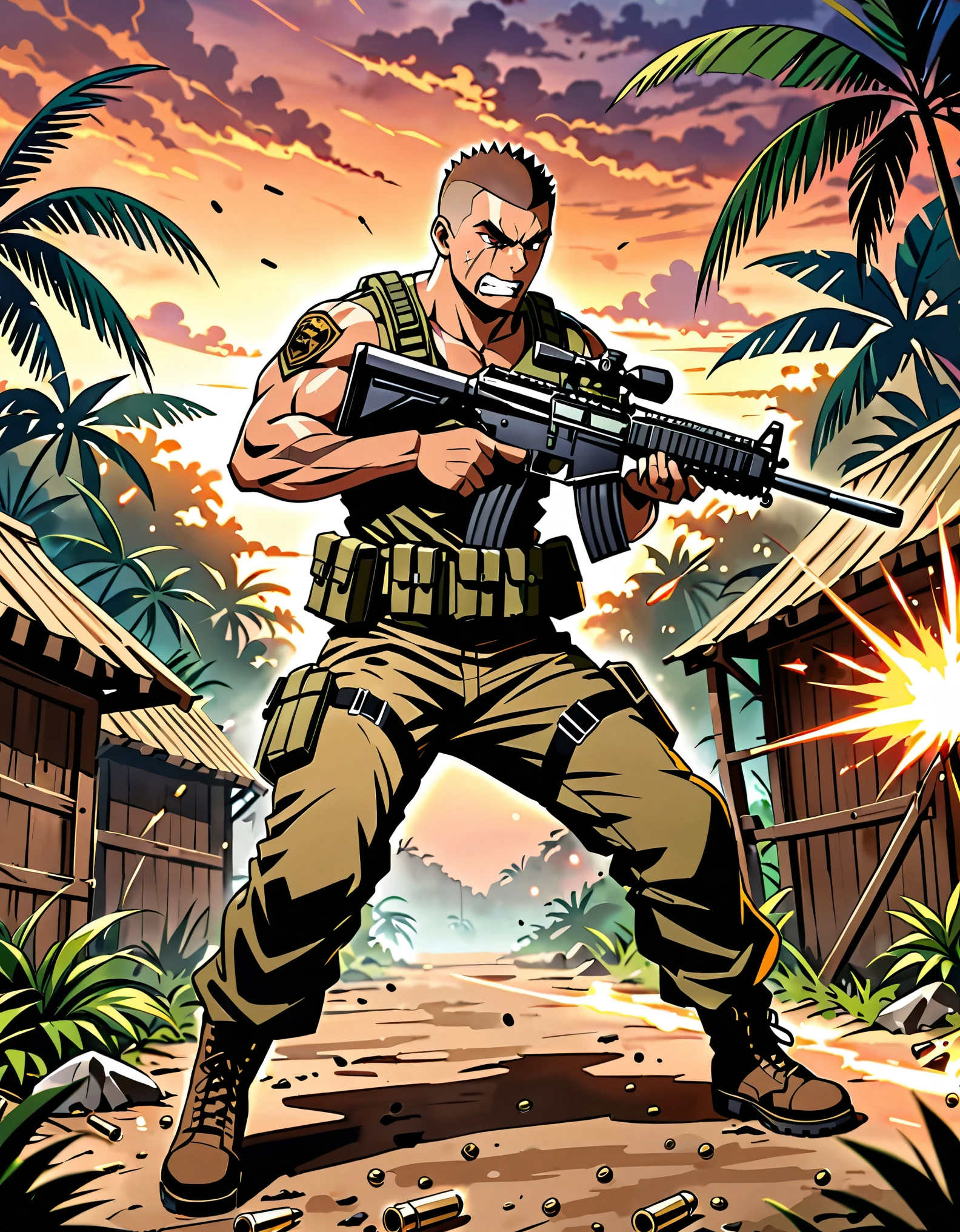 (masterpiece), (best quality), (hires), solo, so lo focus, male focus, muscular mercenary, firing machine gun, assault rifle, shell casings, brown hair, brown eyes, (crew cut), (spiky hair), (facial hair), (facial scar), angry, clenched teeth, jungle village, dusk, war zone background, tactical gear, combat boots, dynamic action pose, standing, gritty atmosphere.